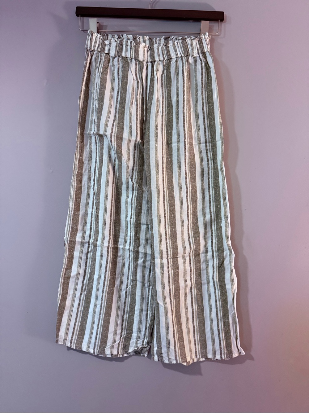 Woman’s Striped Wide-Leg Pants in Olive and Cream